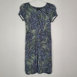 Nic+Zoe Size XS Floral Foliage Mini Dress Short Sleeve Rayon Stretch Green Blue